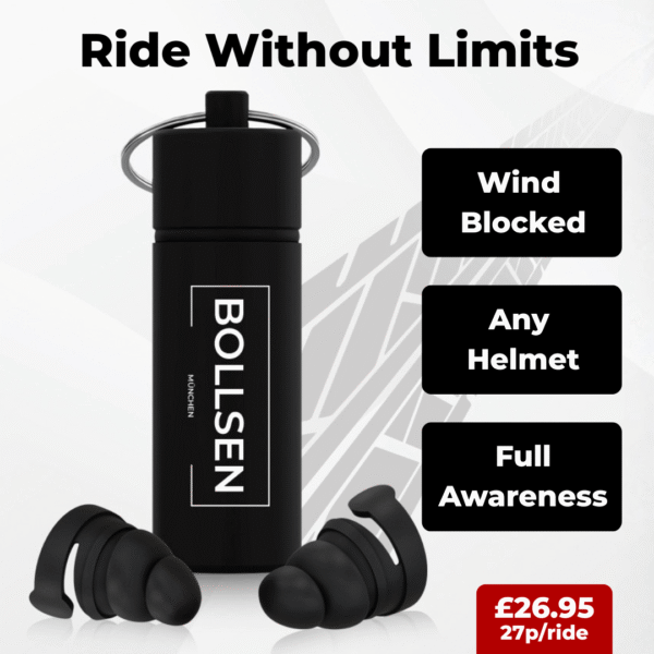 BOLLSEN Moto+ reusable motorcycle earplugs with black aluminum carry case and aerodynamic filter design for wind and engine noise protection. highlighting wind noise reduction, helmet compatibility, and full awareness, with pricing £26.95.