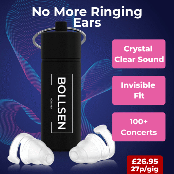 Black container with "BOLL SEN" label and white earplugs on a blue background.