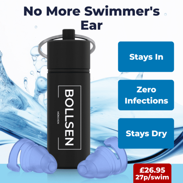 Bollsen waterproof earplugs in aluminum case with blue accents, designed to stay in place, prevent water from entering the ear, and reduce risk of swimmer’s ear infections.