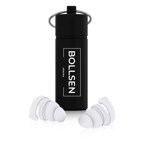Black cylindrical case with BOLLSEN Earplugs Hearing Protection in white and grey.