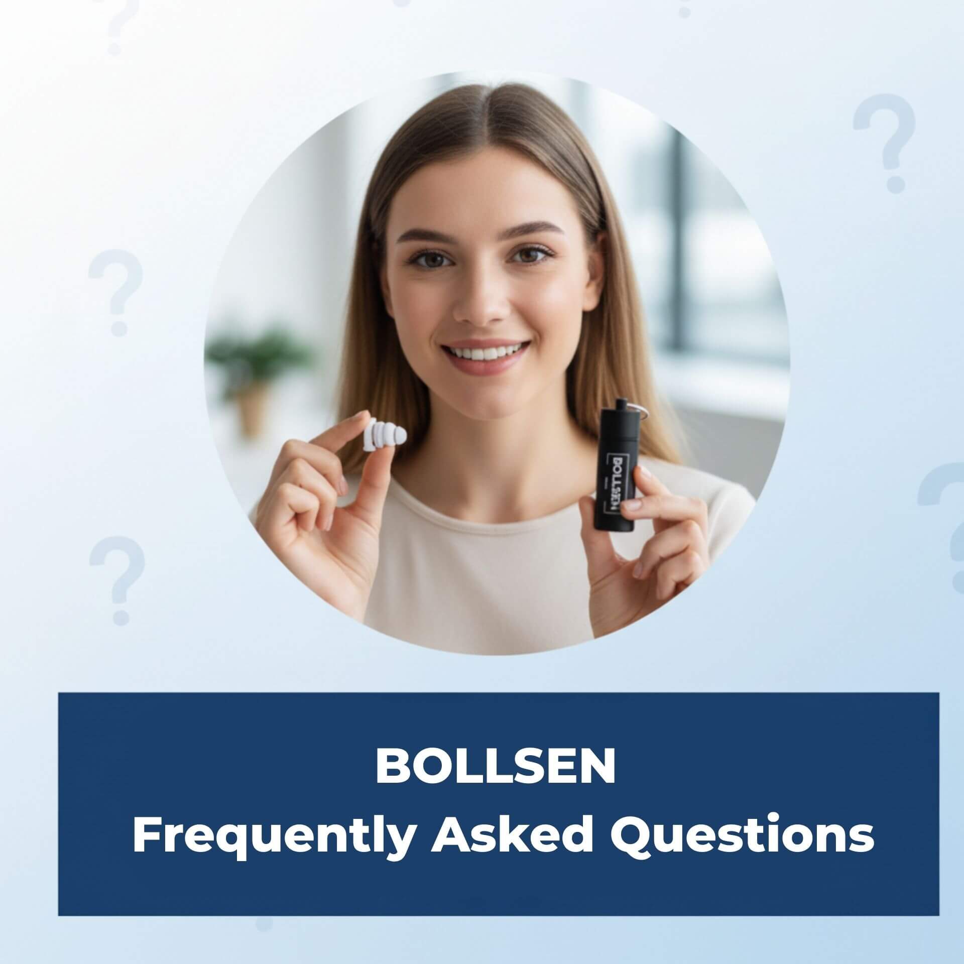Young woman holding BOLLSEN Earplugs Hearing Protection and a small black container, smiling.
