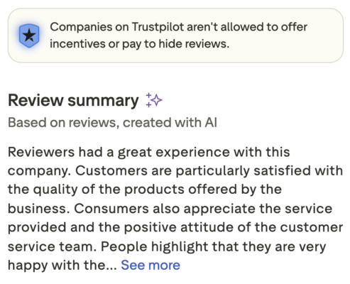 Trustpilot review summary: customers praise product quality, service and the customer support team.