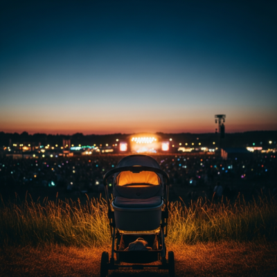 Empty pram parked on grass at the back of an outdoor festival field at dusk, with a brightly lit concert stage and crowd blurred in the distance.