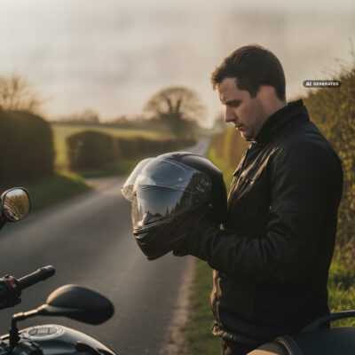 Motorcyclist standing beside a parked bike on a country road at golden hour, holding a full-face helmet in both hands and looking at it before setting off.