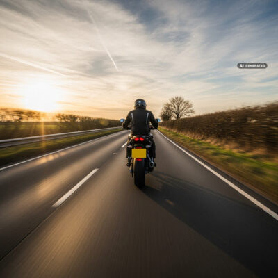 Motorcyclist riding away from the camera on an empty dual carriageway at golden hour, tucked slightly behind the windscreen with motion blur across the road surface.