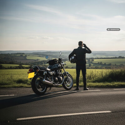 Motorcyclist pausing beside a parked bike on a quiet country road, helmet under one arm, hand near the ear