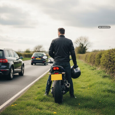 Motorcyclist stopped at the roadside holding a helmet and looking back towards traffic on an open road