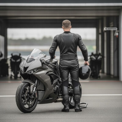 Motorcyclist in leathers holding a full-face helmet in a circuit paddock before a track day session
