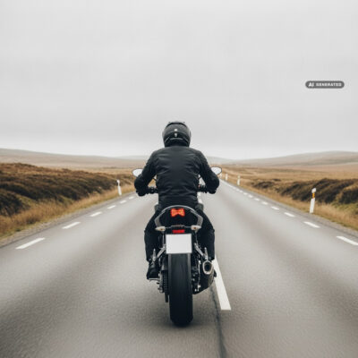 Motorcyclist riding a naked roadster along an empty open countryside road, jacket rippling in the wind at speed