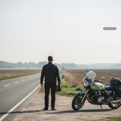 Motorcyclist standing beside a parked bike at a roadside stop, helmet under one arm, empty rural road behind